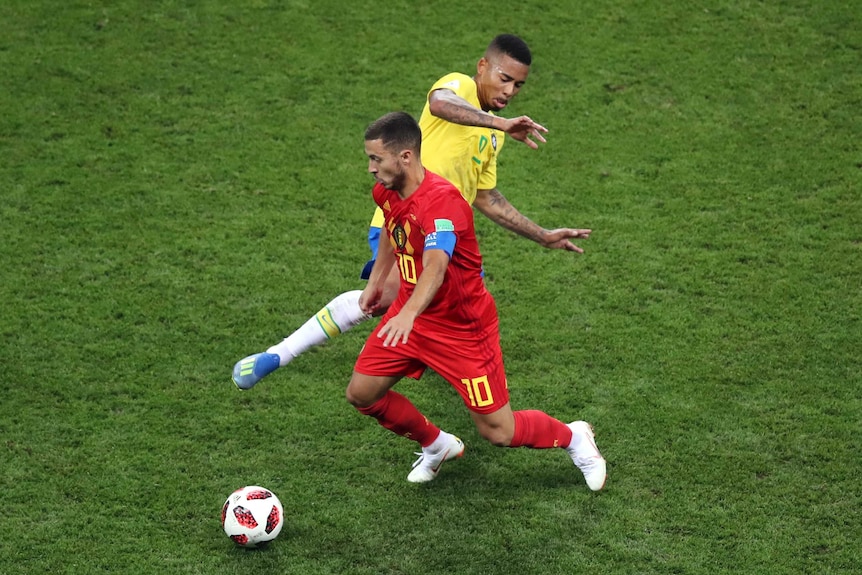 Eden Hazard dribbles the ball for Belgium