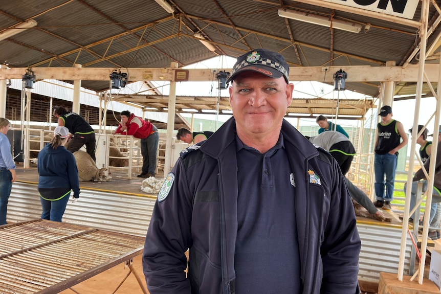 A man in a police jacket stands in front of youth shearing sheep