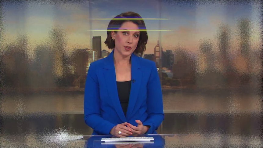 Tamara Oudyn sits at the newsdesk, with a film of distortion covering her face.