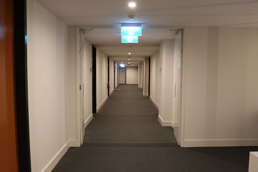 An apartment building corridor.