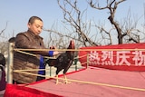A farmer prepares a rooster for a cockfight at a poultry farm near Beijing ahead of the Chinese New Year