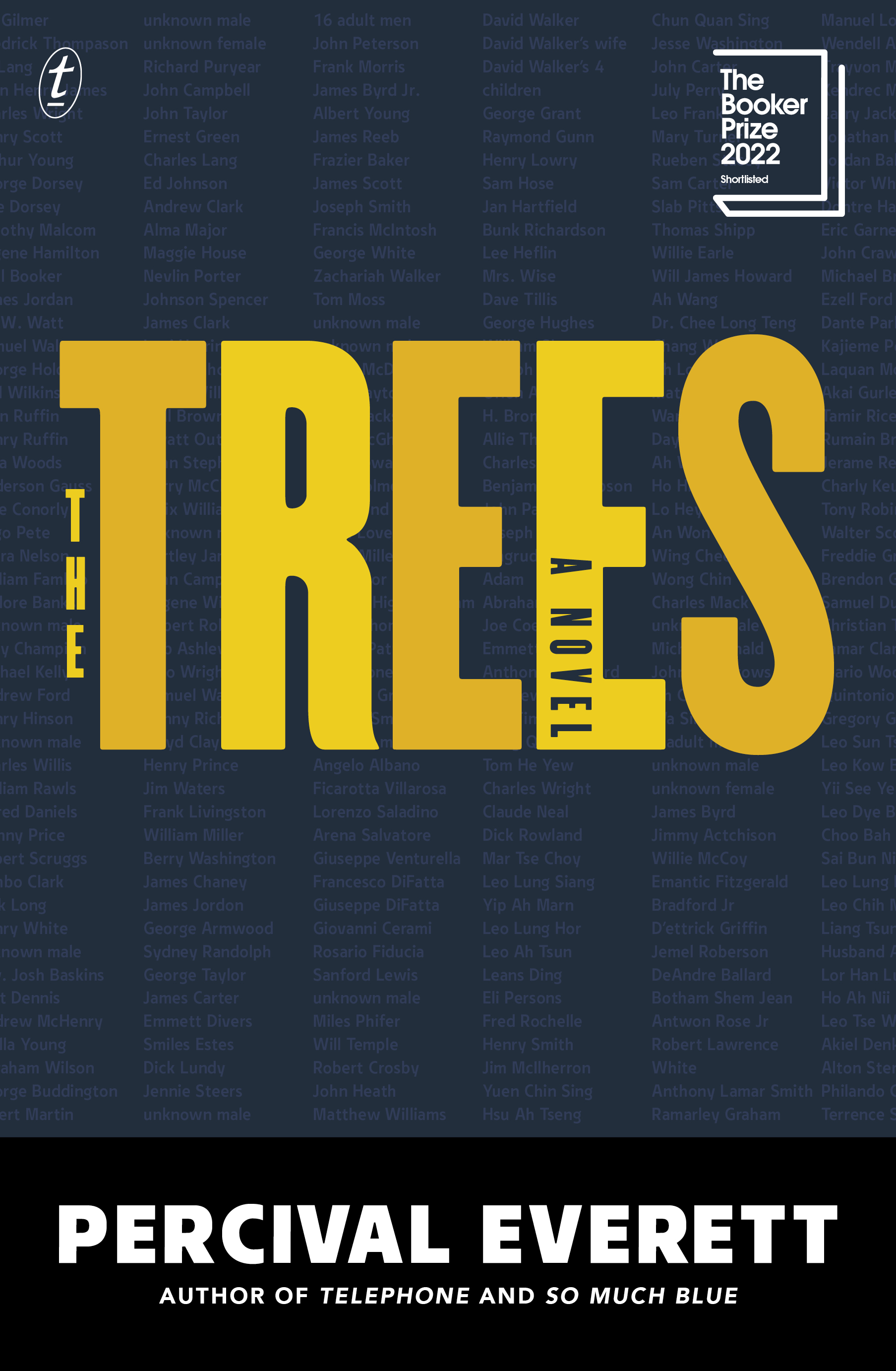 Book cover with navy background and yellow text reading The Trees