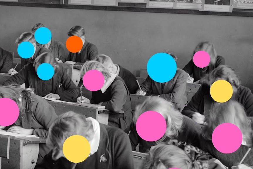 A generic graphic image of a black and white classroom and students with coloured circles over their faces,