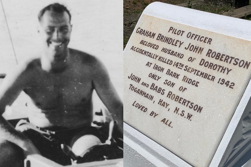 A composite image of a black and white photo of a man smiling and a headstone on a grave.