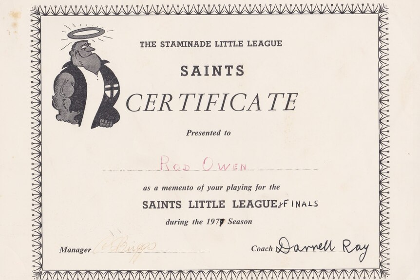 A Saints Little League certificate from 1977.
