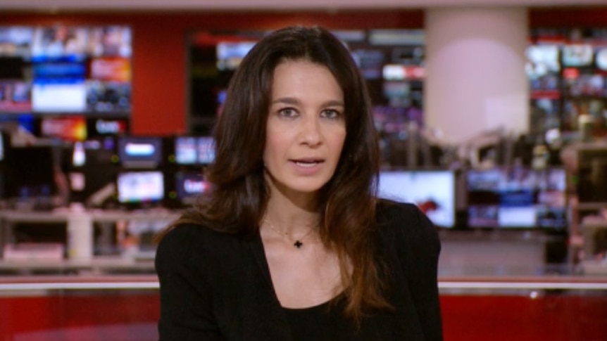 Yalda Hakim speaking to camera with BBC newsroom in the background