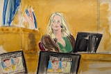 A sketch of a blonde woman sitting in a court room with a screen in front of her.