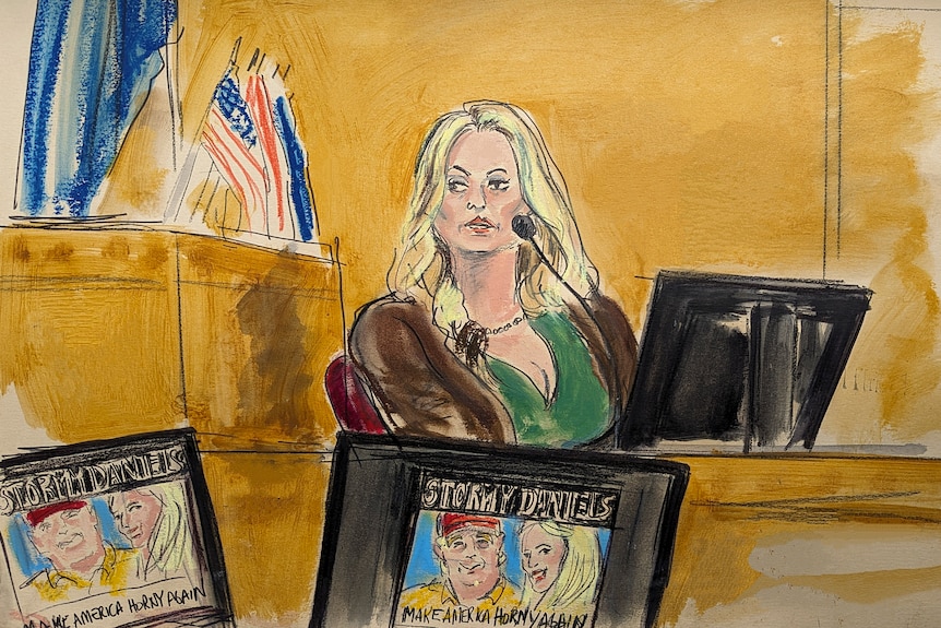A sketch of a blonde woman sitting in a court room with a screen in front of her.
