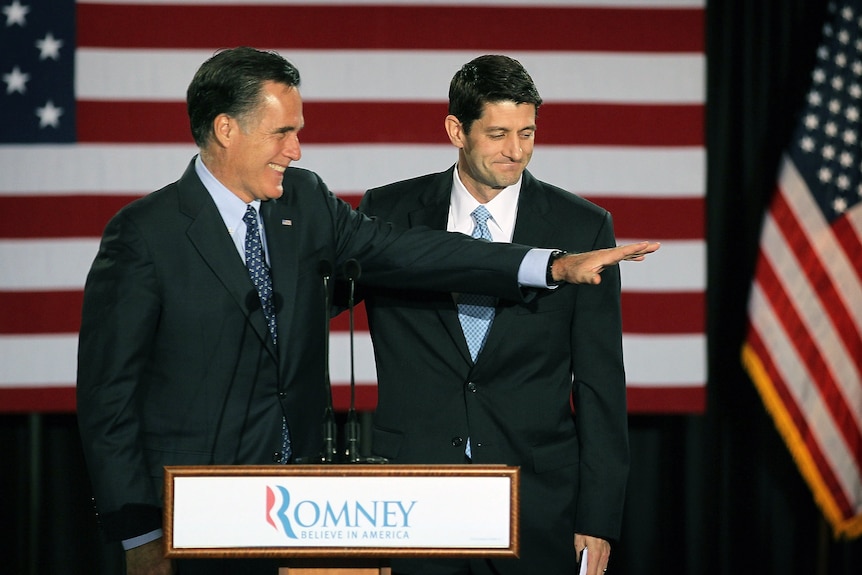 Mitt Romney is introduced by Paul Ryan at a rally in Wisconsin.