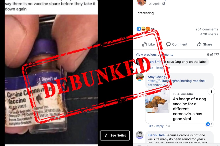 A Facebook post which claims a coronavirus vaccine has been available since 2001 with a large debunked stamp on top