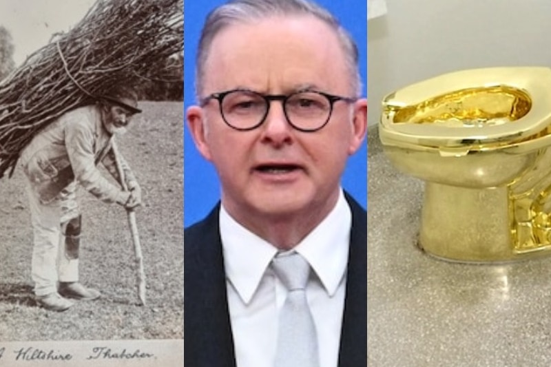 A man carrying sticks, a man wearing glasses and a golden toilet.