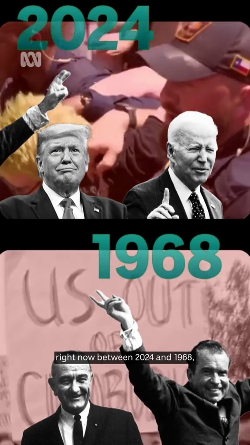 Composite image shows Trump and Biden's faces under 2024 and Nixon and Humphrey under 1968