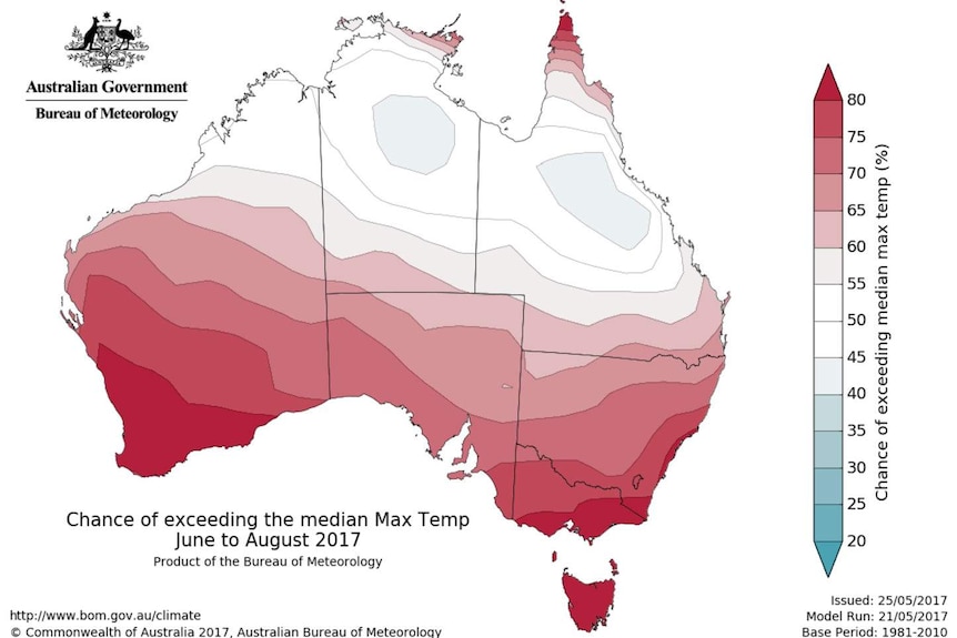 A map from the Bureau of Meteorology showing the winter climate in Australia.