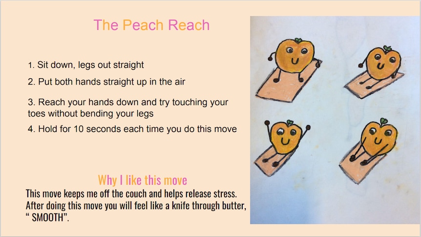 A poster depicting the move "peach reach". A peach bends over on a mat and touches its toes. 