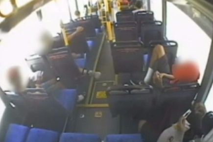 Security footage of teenagers, faces blurred, chroming on a bus.