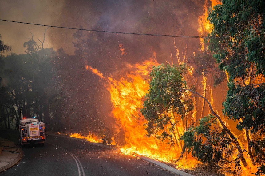 A bushfire rages at Parkerville in the Perth Hills.
