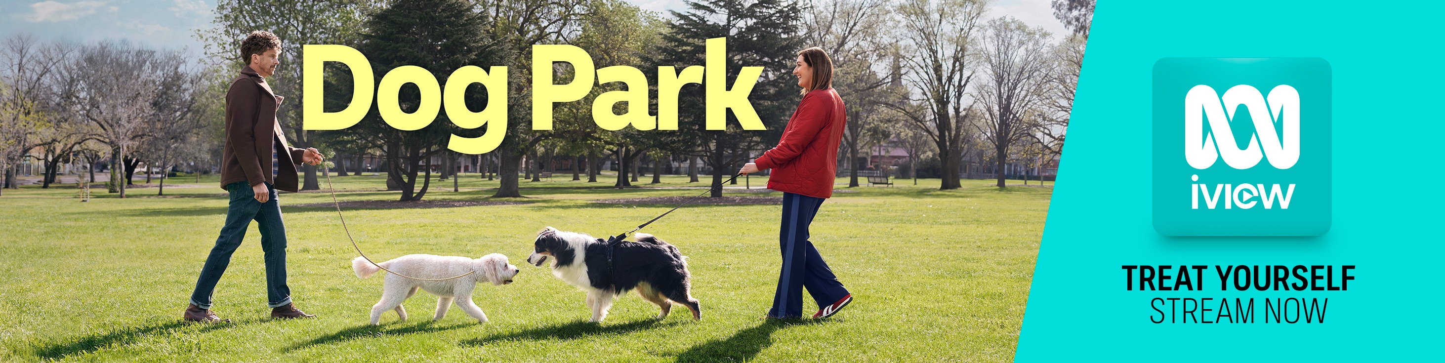 Two people walking their dogs facing toward each other in a park