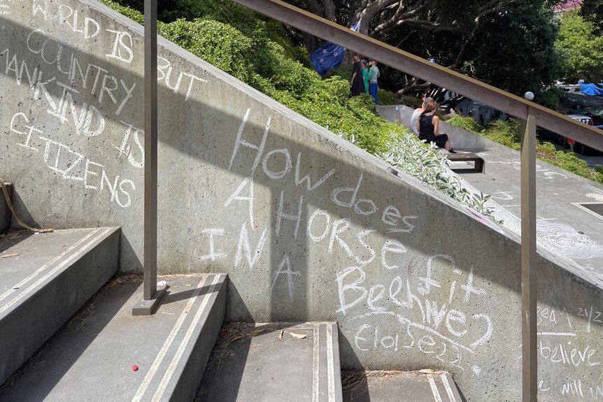 'How does a horse fit in a beehive' is written in white chalk on a concrete wall