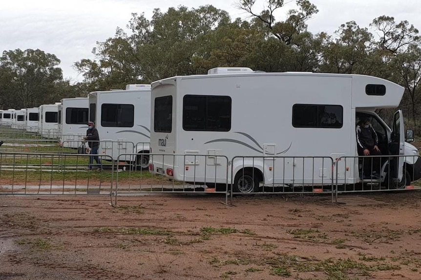 Motorhomes lined up along a road.