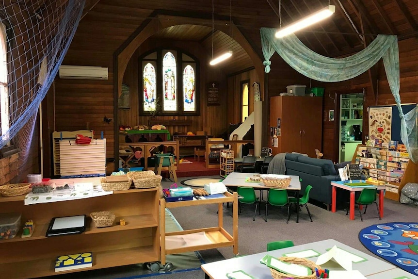 Inside St Michael's Anglican Church, which is being used for Baghdad Primary's kindergarten classroom.