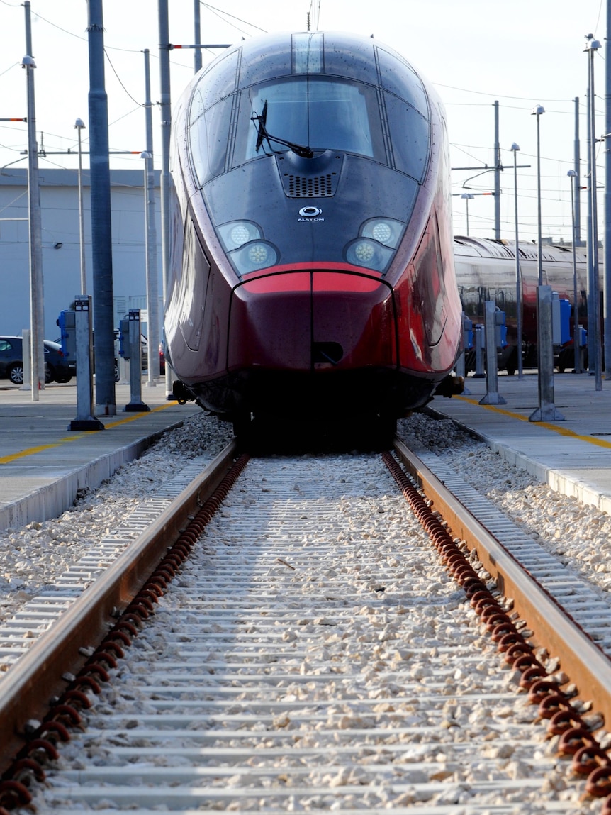 The NTV new high-speed train during its presentation to the press in Nola, Italy.