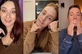 Three people presenting videos holding tape or covering their mouths on TikTok