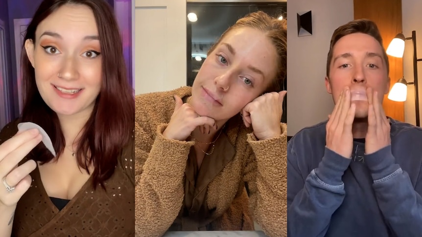 Three people presenting videos holding tape or covering their mouths on TikTok
