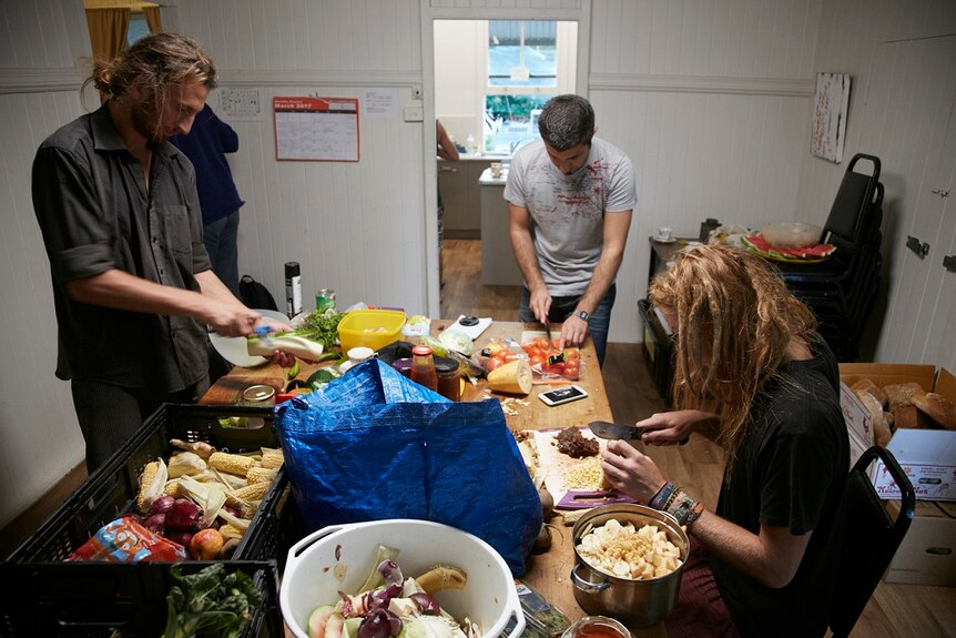 The food rescued from supermarket dumpsters is turned into vegan and vegetarian meals.