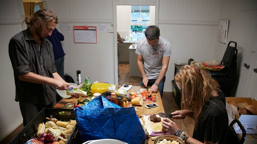 The food rescued from supermarket dumpsters is turned into vegan and vegetarian meals.