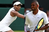 Composite photo with Venus Williams on the left and Nick Kyrgios on the right, both playing at Wimbledon.