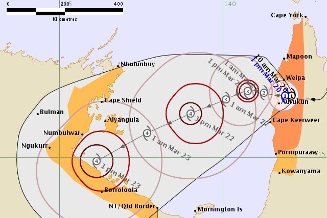 Cyclone tracking map of Cyclone Trevor shows it hitting as a category four.