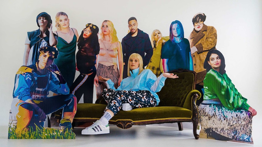 Alice Ivy with cardboard cut-outs of her 2020 album collaborators
