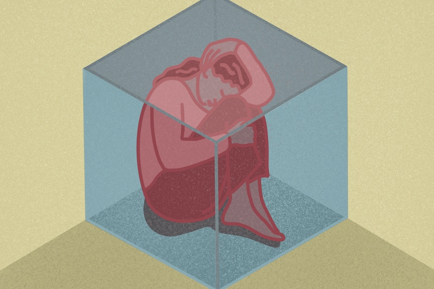 An illustration of a woman crouched inside a glass box, holding herself in the foetal position.