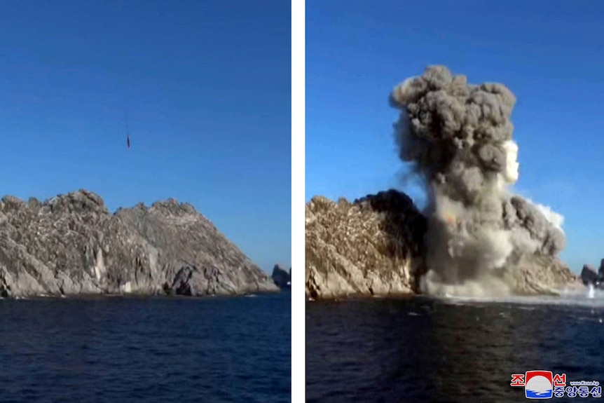 Two photos show a landscape with cliffs and water exploding in a cloud of smoke.