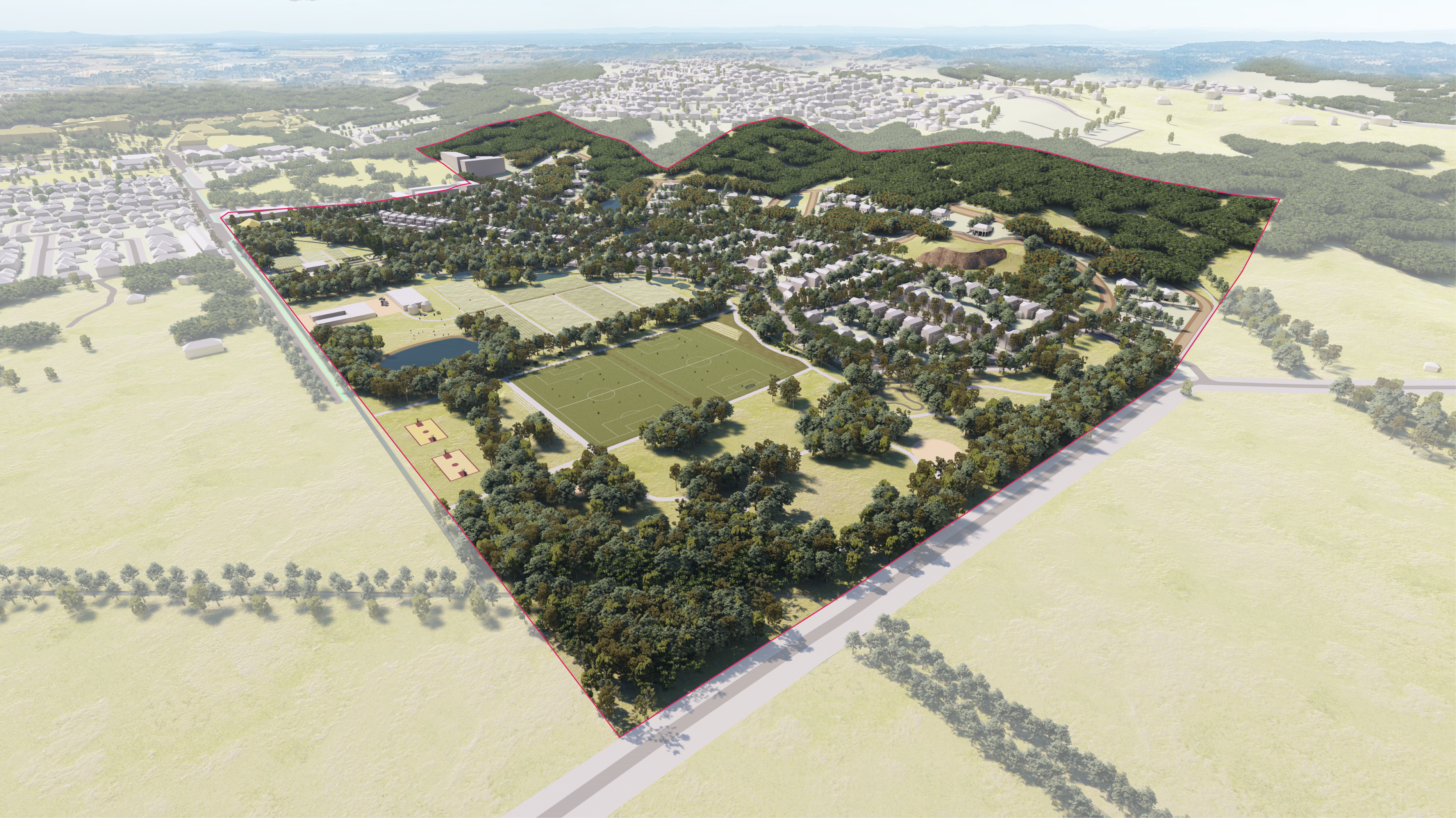 Computer-generated graphic showing an aerial view of an urban estate with existing houses and paddocks in the surrounding areas.