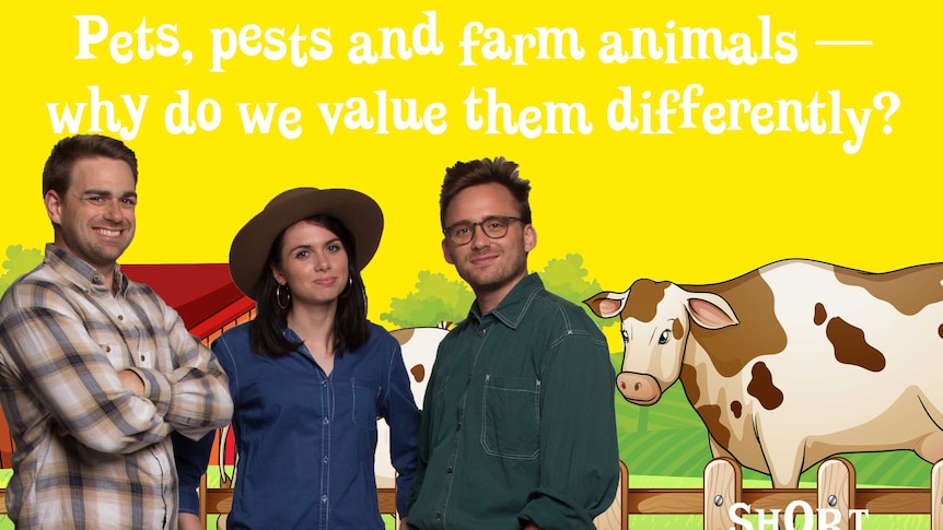 Presenters standing against and illustration of a farm