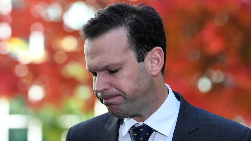 Matt Canavan looks down as he speaks to the media at Parliament House.