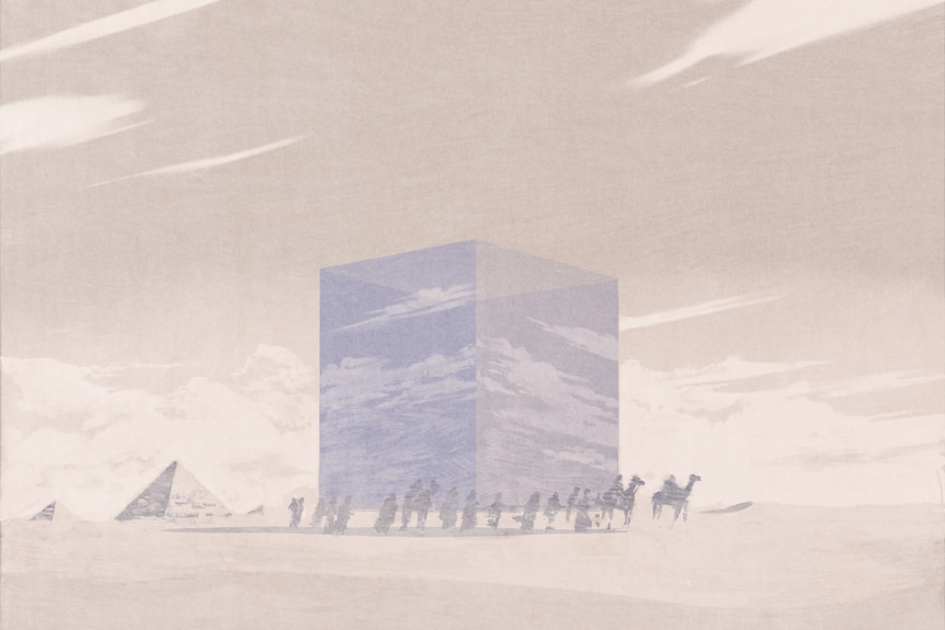 An illustration of a giant blue box being pulled through the desert by people and horses, with pyramids in the background