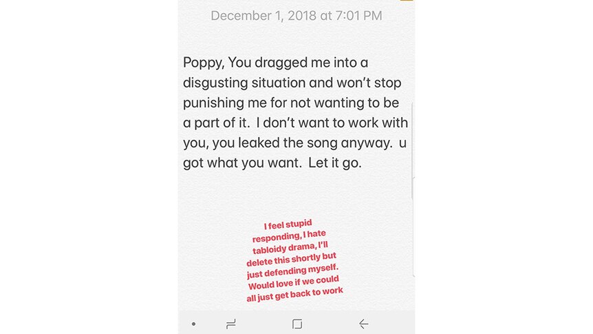 Grimes responding in an Instagram stories post to accusations of bullying by Poppy