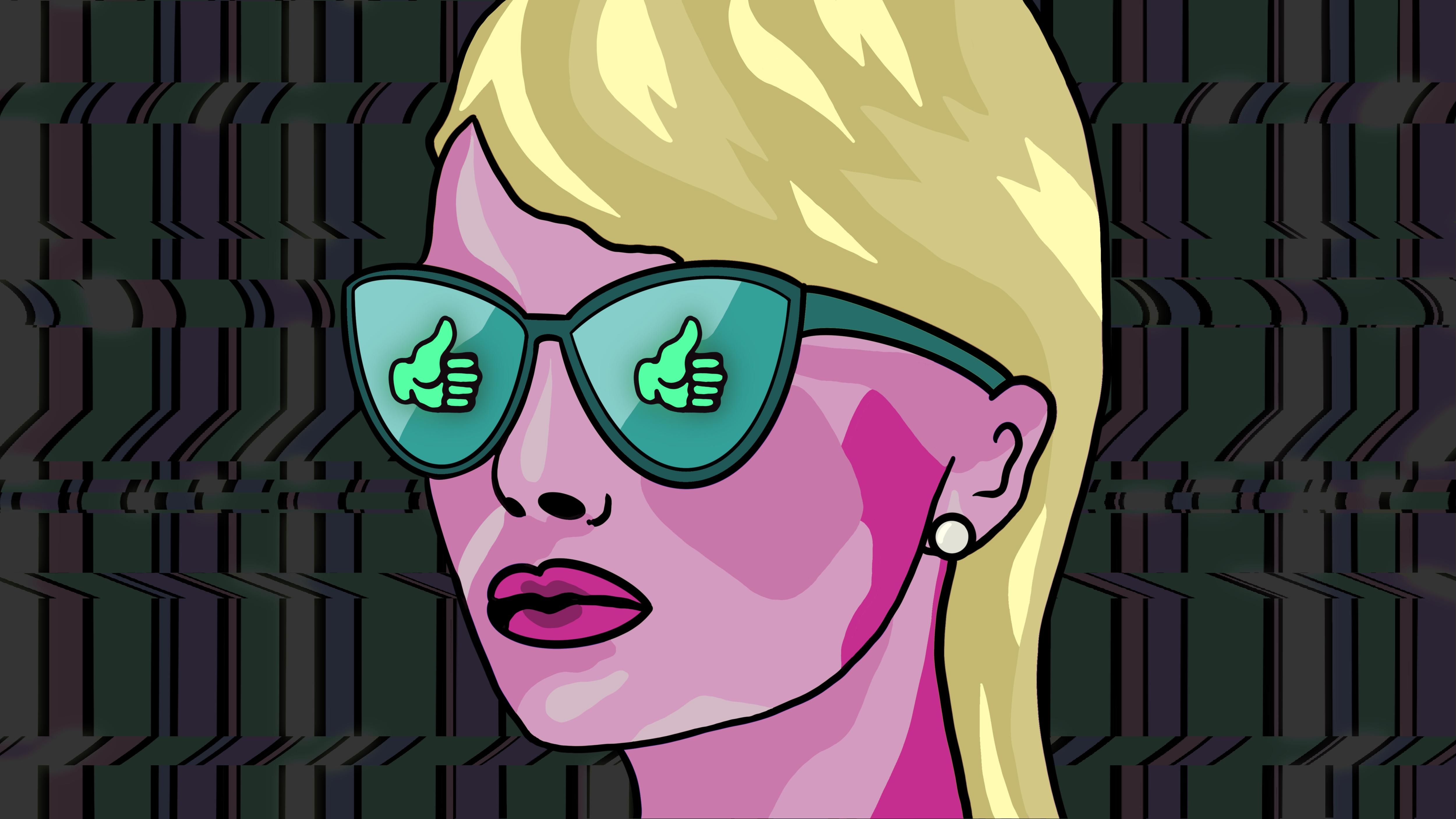 A pop art illustration of a woman wearing sunglasses, with thumbs up emojis in the glass.