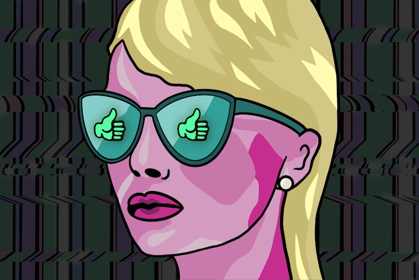 A pop art illustration of a woman wearing sunglasses, with thumbs up emojis in the glass.