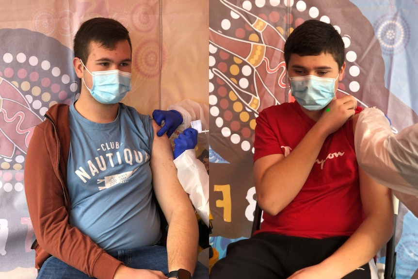 A composite image showing two young boys wearing blue surgical masks and getting COVID vaccinations.