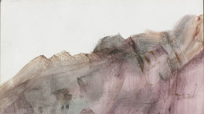 'Gallipoli landscape II' (1957). Gallipoli landscape with steep cliffs in brown and pink, and blue sea and a reflection of the cliffs in the water.