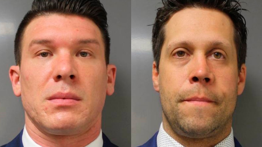 Close head shots show two police officers dressed in blue suits looking at the camera.