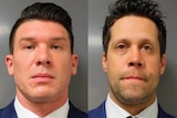 Close head shots show two police officers dressed in blue suits looking at the camera.