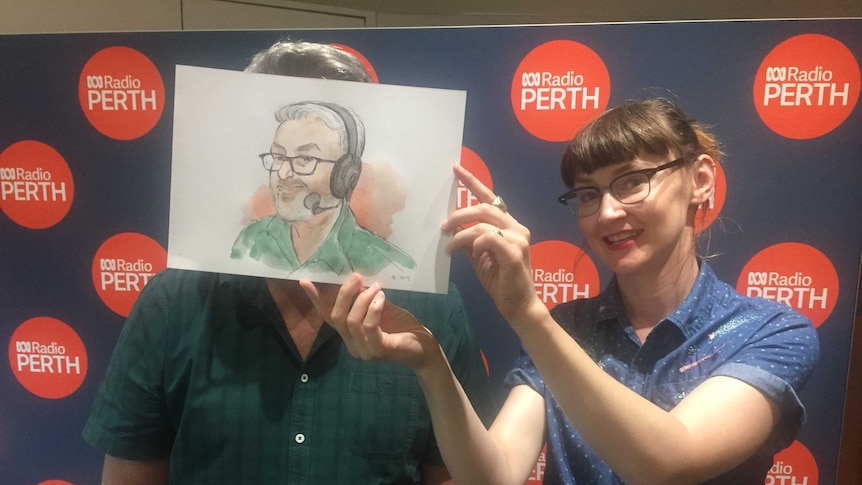 Anne holds up her sketch of ABC Perth Drive presenter, Geoff Hutchison