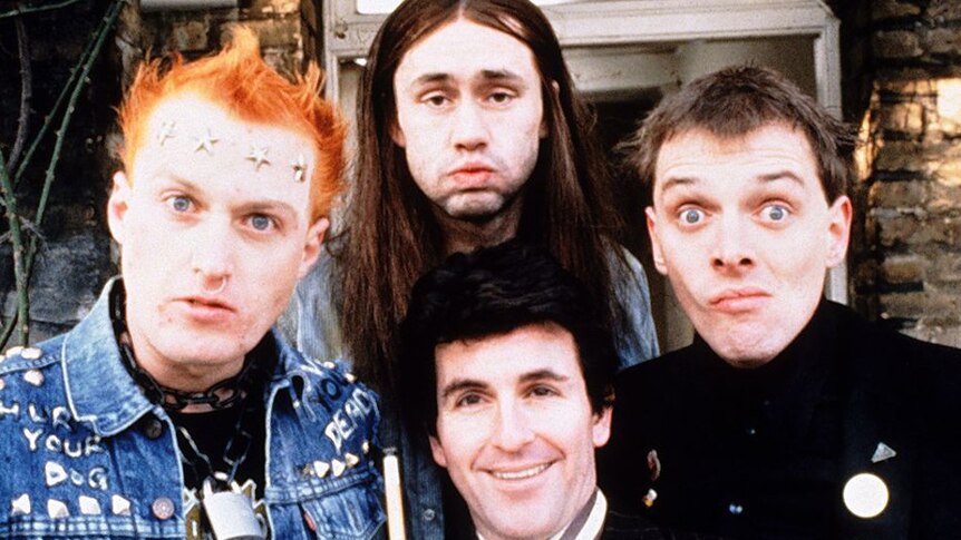 Rik Mayall, right, stars in The Young Ones along with Adrian Edmondson, left, Nigel Planer, top and Christopher Ryan.