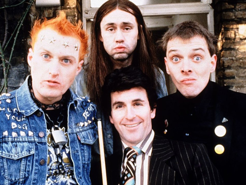 Rik Mayall, right, stars in The Young Ones along with Adrian Edmondson, left, Nigel Planer, top and Christopher Ryan.