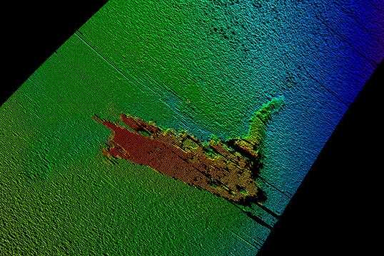 A sonar image captured by Kongsberg Maritime's Munin drone of a Loch Ness monster model at the bottom of the Loch.