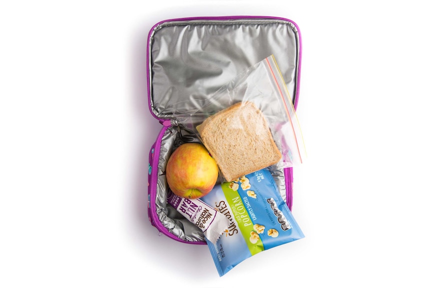 A cheese and vegemite sandwich, a chocolate nut bar, salted popcorn and an apple and a purple cooler bag.